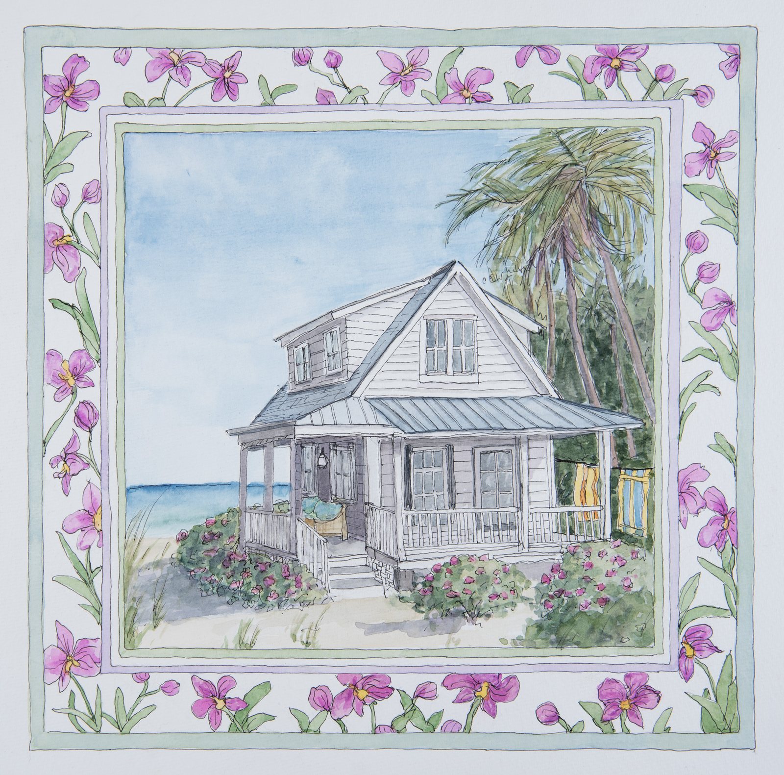 Watercolor portrait of the beach cottage, framed by a hand-painted border: wild orchids for reminders of seaside summers