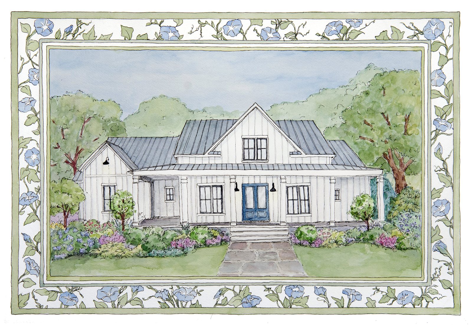 Watercolor portrait of a white board-and-batten farmhouse, framed by a hand-painted border of blue morning glories