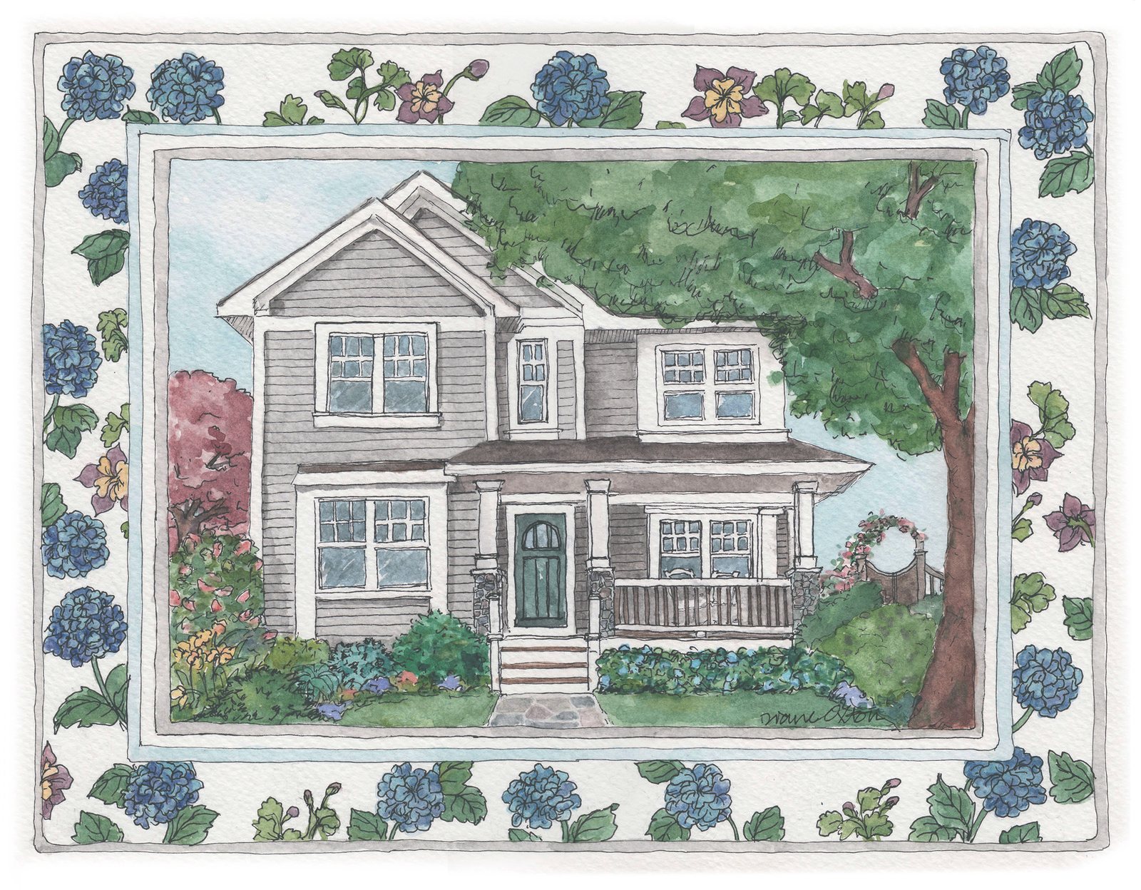 Watercolor portrait of the childhood home with front porch, framed by a hand-painted border: blue hydrangeas and columbine, from the front beds