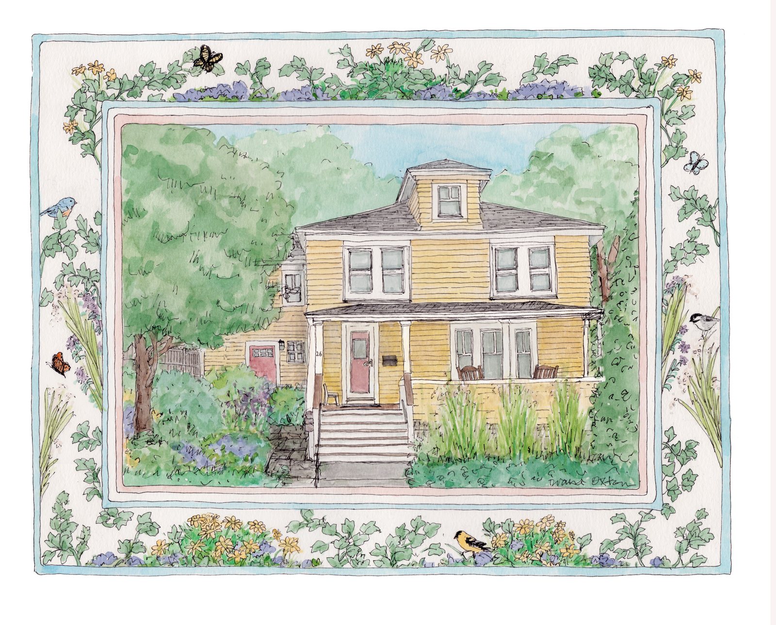 Watercolor portrait of a yellow house with a wildflower border and small birds
