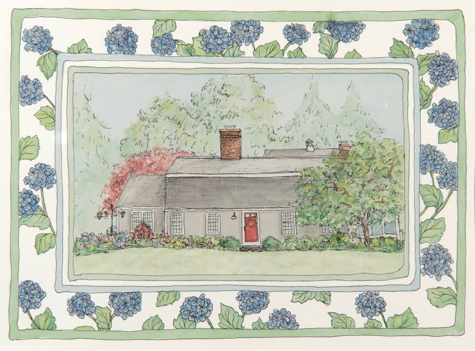 Watercolor portrait of the country cape home, framed by a hand-painted border: the blue hydrangeas placed on the wooden farmer’s table on summer mornings.