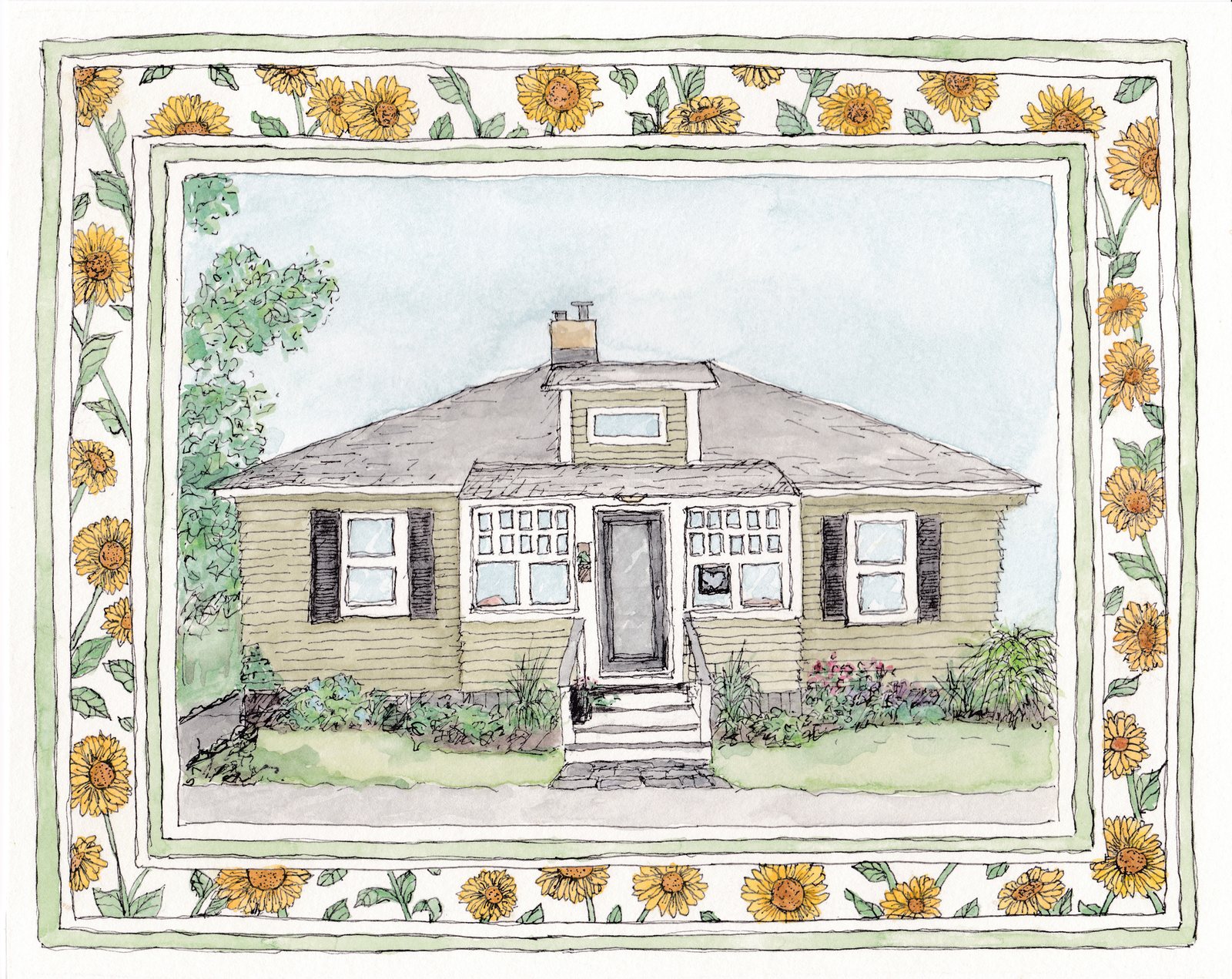 Watercolor portrait of the craftsman bungalow, framed by a hand-painted border: wedding sunflowers bringing love and sunshine
