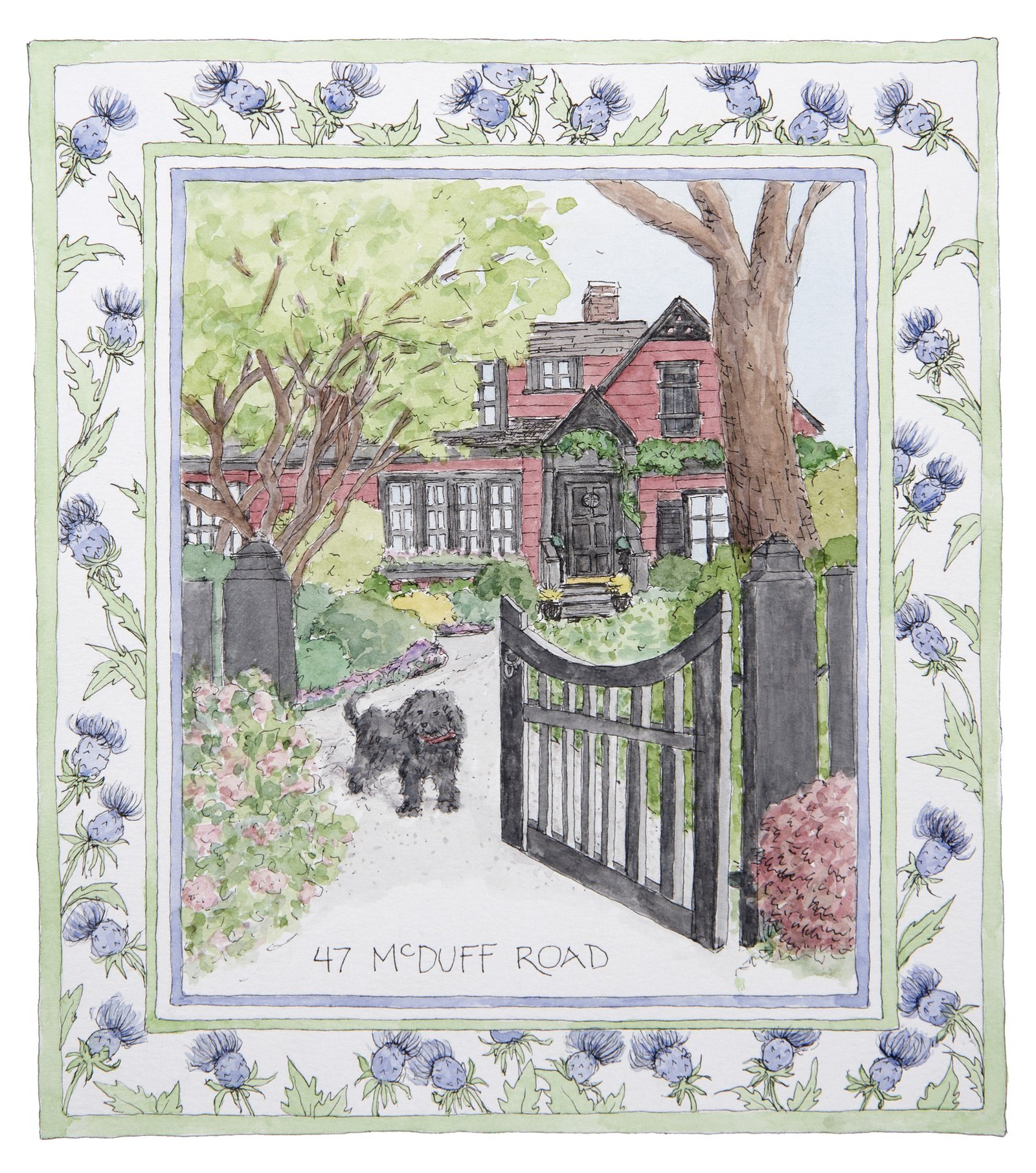 Watercolor portrait of 47 mcduff road, framed by a hand-painted border: thistle flowers, for memories of scotland