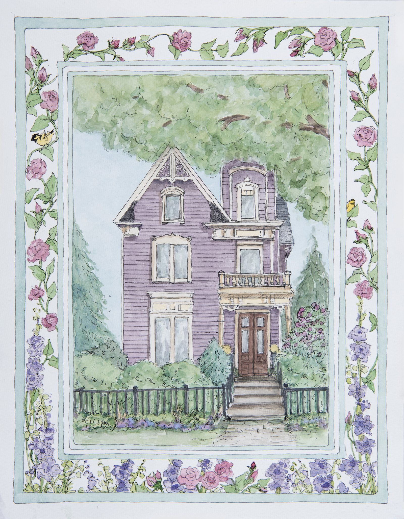 Watercolor portrait of the historical victorian, framed by a hand-painted border: climbing roses and hollyhocks, with a pair of goldfinches