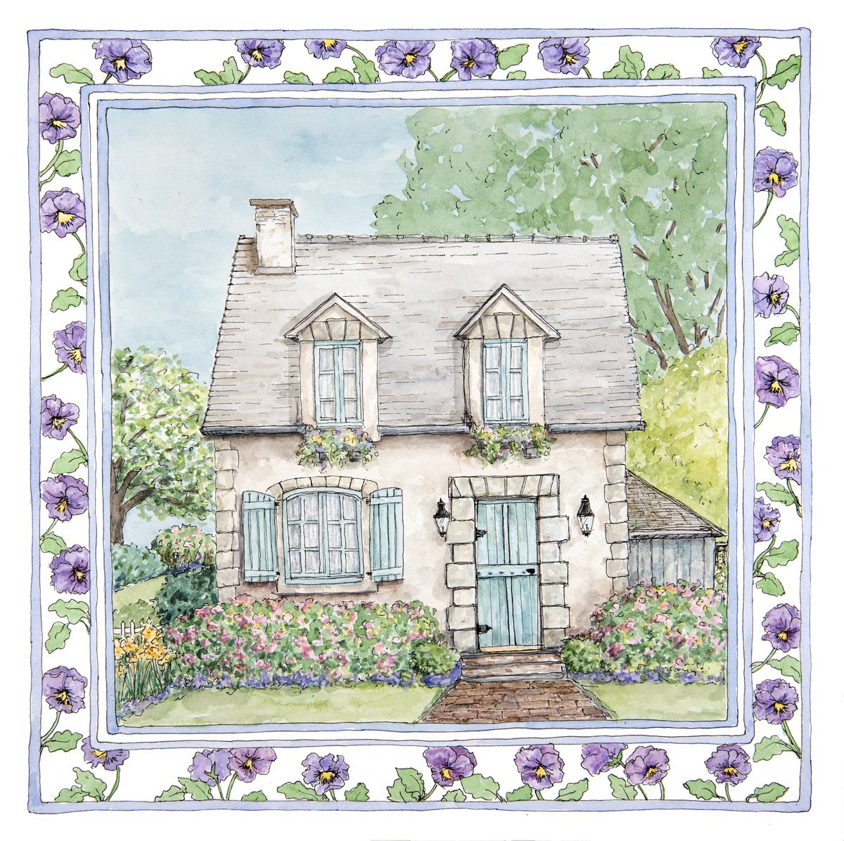 Watercolor portrait of the stone cottage, framed by a hand-painted border: purple pansies tucked into every corner