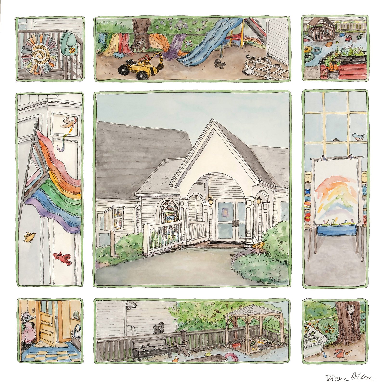 Watercolor painting of a preschool, a gift for its head, surrounded by small paintings of favorite spots in the school