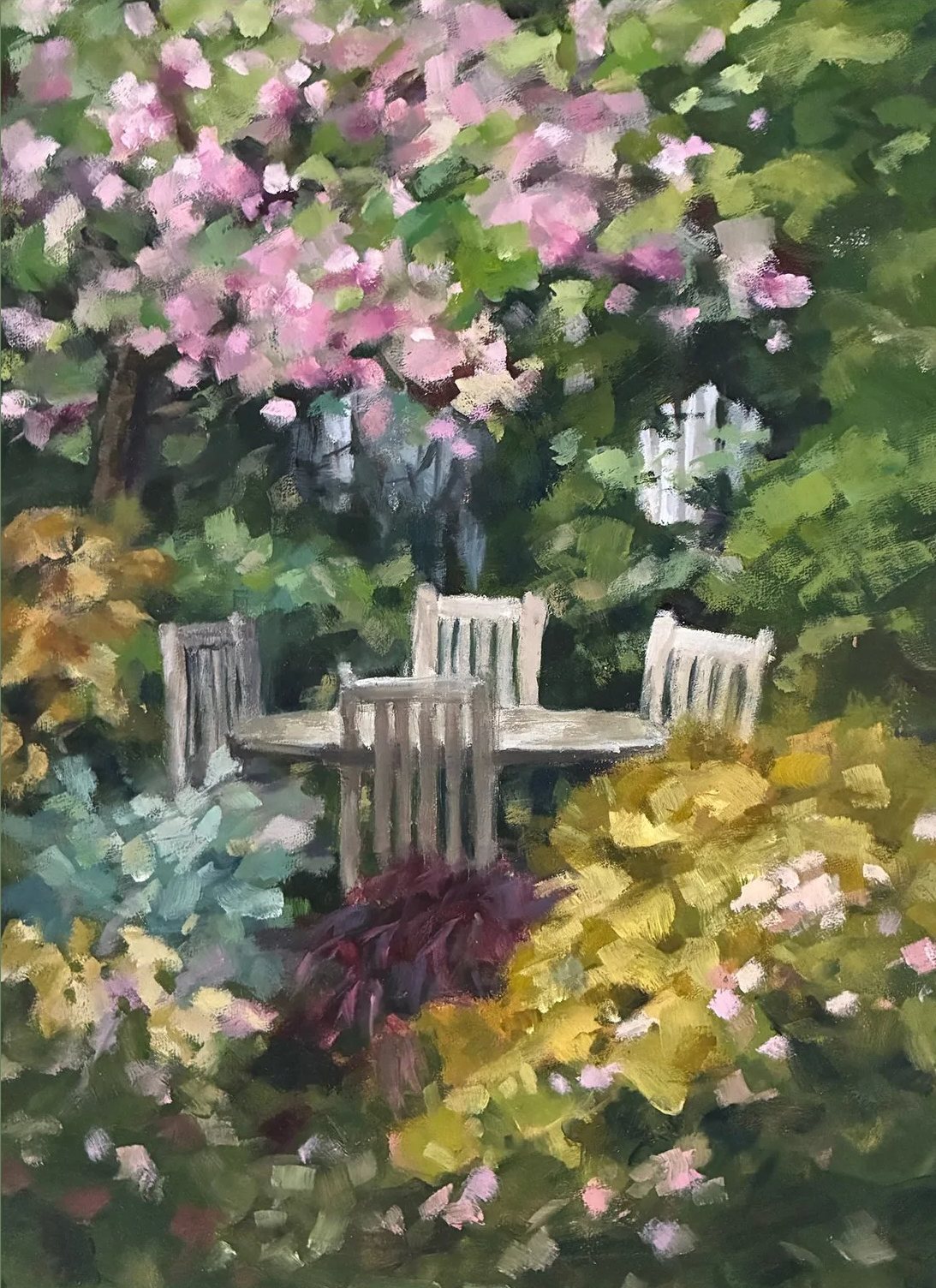 Oil painting of a garden by Diane Oxton