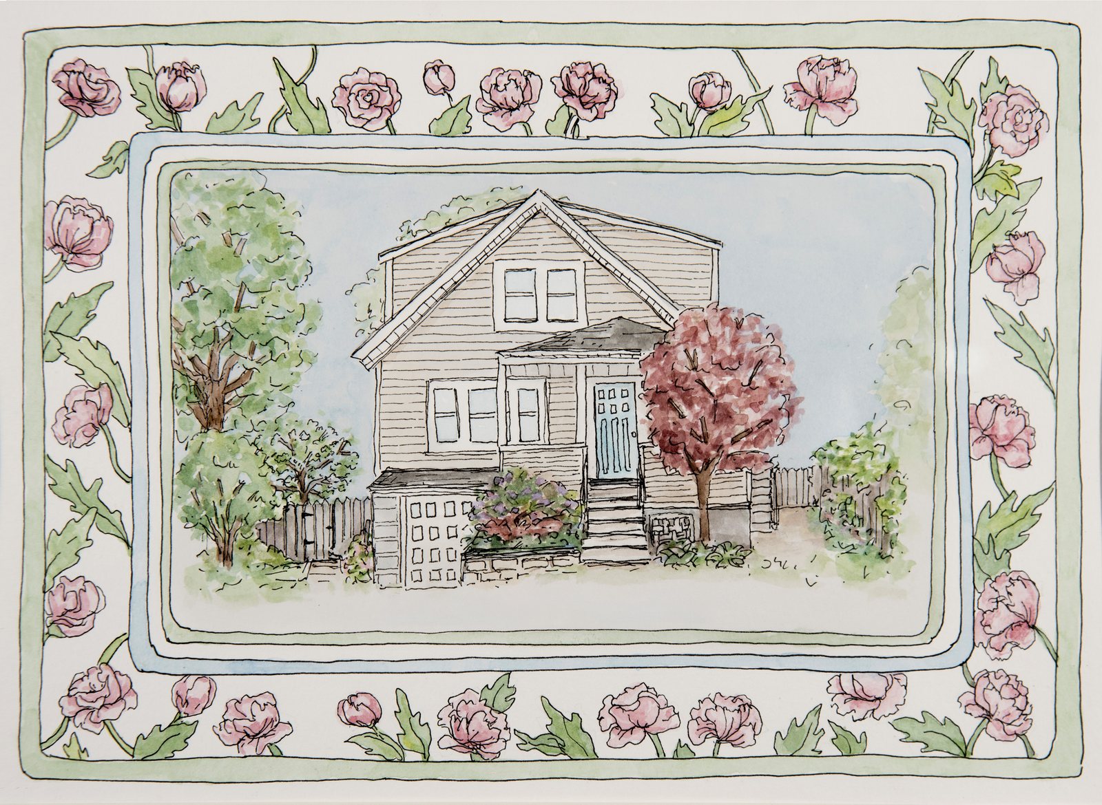 Watercolor portrait of the multigenerational home, framed by a hand-painted border: early summer peonies the families treasure