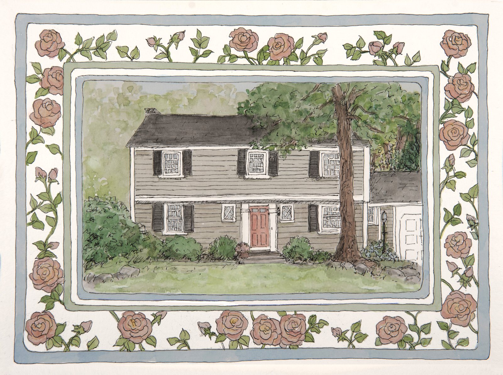 Watercolor portrait of the colonial with the red door, framed by a hand-painted border: heirloom roses
